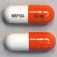 Vyvanse (Lisdexamfetamine [ lis-dex-am-fet-a-meen ])-NRP104 30 mg-30 mg-Orange & White-Capsule-shape