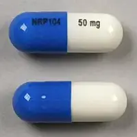 Vyvanse (Lisdexamfetamine [ lis-dex-am-fet-a-meen ])-NRP104 50 mg-50 mg-Blue & White-Capsule-shape