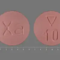 Xarelto starter pack (Rivaroxaban [ riv-a-rox-a-ban ])-Logo 10 Xa-10 mg-Red-Round