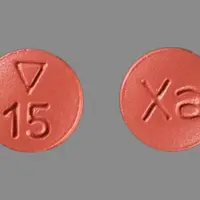 Xarelto starter pack (Rivaroxaban [ riv-a-rox-a-ban ])-Logo 15 Xa-15 mg-Red-Round