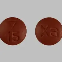 Xarelto starter pack (Rivaroxaban [ riv-a-rox-a-ban ])-Logo 15 Xa-15 mg-Red-Round