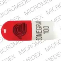 Zonegran (Zonisamide [ zoe-nis-a-mide ])-LOGO ZONEGRAN 100-100 mg-Red & White-Capsule-shape