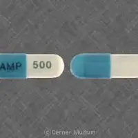 Ampicillin (Ampicillin (oral) [ am-pi-sil-in ])-AMP 500-500 mg-Blue & White-Capsule-shape