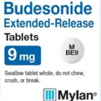 Budesonide (systemic, oral inhalation) (monograph) (Entocort ec)-M BE9-9 mg-White-Round