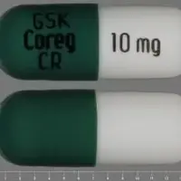 Coreg cr (Carvedilol [ kar-ve-dil-ole ])-GSK COREG CR 10 mg-10 mg-Green & White-Capsule-shape