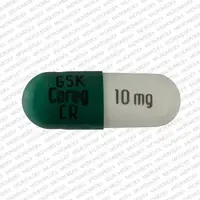 Coreg cr (Carvedilol [ kar-ve-dil-ole ])-GSK COREG CR 10 mg-10 mg-Green & White-Capsule-shape