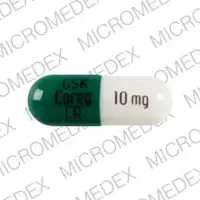 Coreg cr (Carvedilol [ kar-ve-dil-ole ])-GSK COREG CR 10 mg-10 mg-Green & White-Capsule-shape