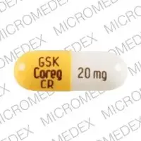 Coreg cr (Carvedilol [ kar-ve-dil-ole ])-GSK COREG CR 20 mg-20 mg-White & Yellow-Capsule-shape