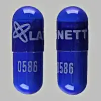 Dicyclomine (Dicyclomine (oral/injection) [ dye-sye-kloe-meen ])-Logo LANNETT 0586-10 mg-Blue-Capsule-shape