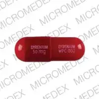 Dyrenium (Triamterene [ try-am-teh-reen ])-DYRENIUM 50 mg DYRENIUM WPC 002-50 mg-Red-Capsule-shape