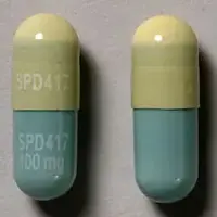 Equetro (Carbamazepine (oral) [ kar-ba-maz-e-peen ])-SPD417 SPD417 100 mg-100 mg-Green & Yellow-Capsule-shape