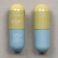 Equetro (Carbamazepine (oral) [ kar-ba-maz-e-peen ])-SPD417 SPD417 200 mg-200 mg-Blue & Yellow-Capsule-shape