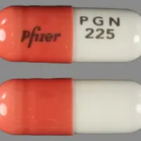 Lyrica (Pregabalin [ pre-gab-a-lin ])-Pfizer PGN 225-225 mg-Orange & White-Capsule-shape