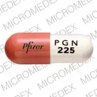 Lyrica (Pregabalin [ pre-gab-a-lin ])-Pfizer PGN 225-225 mg-Orange & White-Capsule-shape