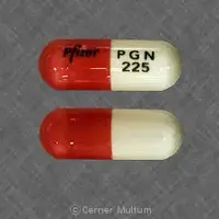 Lyrica (Pregabalin [ pre-gab-a-lin ])-Pfizer PGN 225-225 mg-Orange & White-Capsule-shape