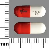 Lyrica (Pregabalin [ pre-gab-a-lin ])-Pfizer PGN 75-75 mg-Orange & White-Capsule-shape