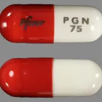 Lyrica (Pregabalin [ pre-gab-a-lin ])-Pfizer PGN 75-75 mg-Orange & White-Capsule-shape