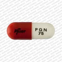 Lyrica (Pregabalin [ pre-gab-a-lin ])-Pfizer PGN 75-75 mg-Orange & White-Capsule-shape