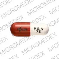 Lyrica (Pregabalin [ pre-gab-a-lin ])-Pfizer PGN 75-75 mg-Orange & White-Capsule-shape