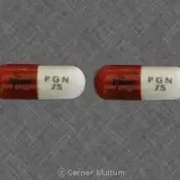 Lyrica (Pregabalin [ pre-gab-a-lin ])-Pfizer PGN 75-75 mg-Orange & White-Capsule-shape