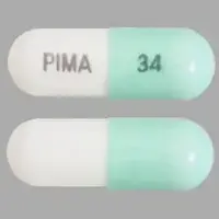 Nuplazid (Pimavanserin [ pim-a-van-ser-in- ])-PIMA 34-34 mg-Green & White-Capsule-shape