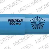 Pentasa (Mesalamine (oral) [ me-sal-a-meen ])-PENTASA 500 mg Logo-500 mg-Blue-Capsule-shape