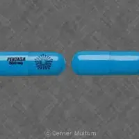 Pentasa (Mesalamine (oral) [ me-sal-a-meen ])-PENTASA 500 mg Logo-500 mg-Blue-Capsule-shape