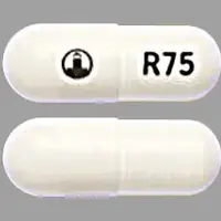 Pradaxa (Dabigatran [ da-big-a-tran ])-Logo R75-75 mg-White-Capsule-shape