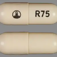 Pradaxa (Dabigatran [ da-big-a-tran ])-Logo R75-75 mg-White-Capsule-shape