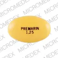 Premarin (Conjugated estrogens (oral) [ kon-joo-gay-ted-es-troe-jenz ])-PREMARIN 1.25-1.25 mg-Yellow-Oval