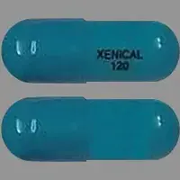 Xenical (Orlistat [ or-li-stat ])-XENICAL 120-120 mg-Blue-Capsule-shape