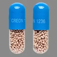 Creon (Pancrelipase [ pan-kre-lye-pace ])-CREON 1236-180,000 units amylase / 36,000 units lipase / 114,000 units protease-Blue / Clear-Capsule-shape