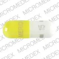 Meridia (Sibutramine [ si-bue-tra-meen ])-15 MERIDIA-15 mg-Yellow / White-Capsule-shape