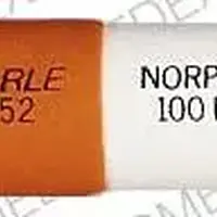 Norpace (Disopyramide [ dye-soe-pir-a-mide ])-SEARLE 2752 NORPACE 100 MG-100 mg-Orange / White-Capsule-shape