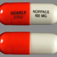 Norpace (Disopyramide [ dye-soe-pir-a-mide ])-SEARLE 2752 NORPACE 100 MG-100 mg-Orange / White-Capsule-shape