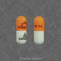 Pamelor (Nortriptyline [ nor-trip-ti-leen ])-logo PAMELOR 25 mg logo SANDOZ-25 mg-Orange / White-Capsule-shape