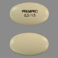 Prempro (Conjugated estrogens and medroxyprogesterone [ kon-joo-gay-ted-es-troe-jenz-and-me-dox-ee-proe-jes-ter-one ])-PREMPRO 0.3/1.5-0.3 mg / 1.5 mg-Yellow-Oval