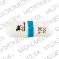 Retrovir (oral/injection) (Zidovudine (oral/injection) [ zye-doe-vyoo-deen ])-LOGO Wellcome Y9C 100-100 mg-Blue & White-Capsule-shape