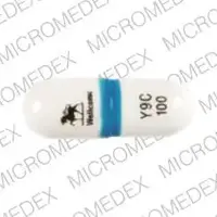 Retrovir (oral/injection) (Zidovudine (oral/injection) [ zye-doe-vyoo-deen ])-LOGO Wellcome Y9C 100-100 mg-Blue & White-Capsule-shape