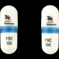 Retrovir (oral/injection) (Zidovudine (oral/injection) [ zye-doe-vyoo-deen ])-LOGO Wellcome Y9C 100-100 mg-Blue & White-Capsule-shape