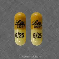 Symbyax (Fluoxetine and olanzapine [ floo-ox-eh-teen-and-oh-lan-za-peen ])-Lilly 3231 6/25-25 mg / 6 mg-Yellow-Capsule-shape