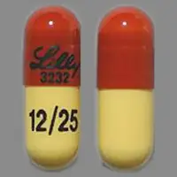 Symbyax (Fluoxetine and olanzapine [ floo-ox-eh-teen-and-oh-lan-za-peen ])-Lilly 3232 12/25-25 mg / 12 mg-Red & Yellow-Capsule-shape