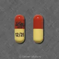 Symbyax (Fluoxetine and olanzapine [ floo-ox-eh-teen-and-oh-lan-za-peen ])-Lilly 3232 12/25-25 mg / 12 mg-Red & Yellow-Capsule-shape