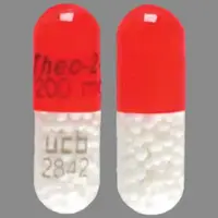 Theo-24 (Theophylline (oral) [ thee-off-i-lin ])-Theo-24 200 mg ucb 2842-200 mg-Orange-Capsule-shape