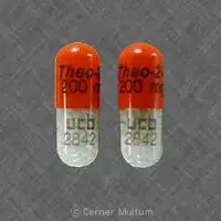 Theo-24 (Theophylline (oral) [ thee-off-i-lin ])-Theo-24 200 mg ucb 2842-200 mg-Orange-Capsule-shape