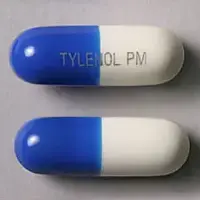 Tylenol pm (Acetaminophen and diphenhydramine [ a-seet-a-min-oh-fen-and-dye-fen-hye-dra-meen ])-TYLENOL PM-acetaminophen 500 mg / diphenhydramine hydrochloride 25 mg-White / Blue-Capsule-shape