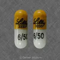 Symbyax (Fluoxetine and olanzapine [ floo-ox-eh-teen-and-oh-lan-za-peen ])-Lilly 3233 6/50-50 mg / 6 mg-Gray & Yellow-Capsule-shape