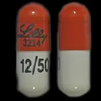 Symbyax (Fluoxetine and olanzapine [ floo-ox-eh-teen-and-oh-lan-za-peen ])-Lilly 3234 12/50-50 mg / 12 mg-Gray & Red-Capsule-shape