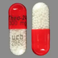 Theo-24 (Theophylline (oral) [ thee-off-i-lin ])-Theo-24 300 mg ucb 2852-300 mg-Red / Clear-Capsule-shape