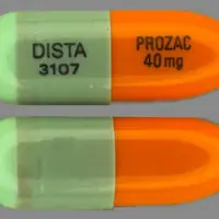 Prozac (Fluoxetine [ floo-ox-e-teen ])-DISTA 3107 PROZAC 40mg-40 mg-Green & Orange-Capsule-shape